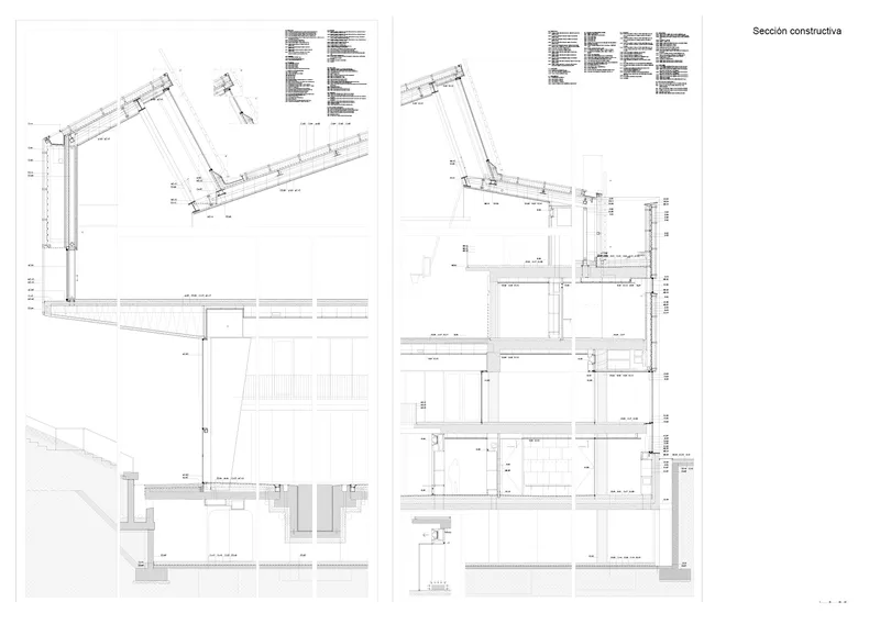 Construction section drawings showing roof assembly details and wall assemblies at various building junctions