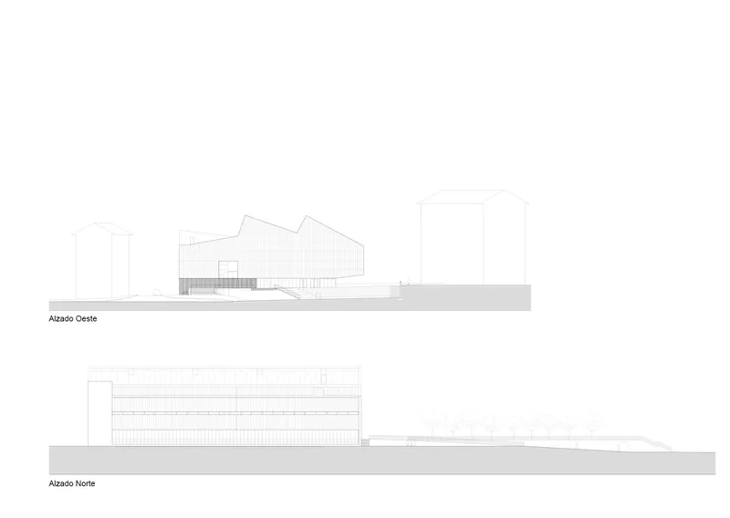 Elevation drawings showing the building volumes with adjacent structures in their site context