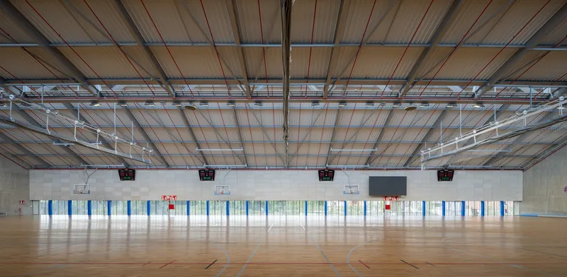 Interior gymnasium with exposed timber ceiling structure and striped translucent wall panels
