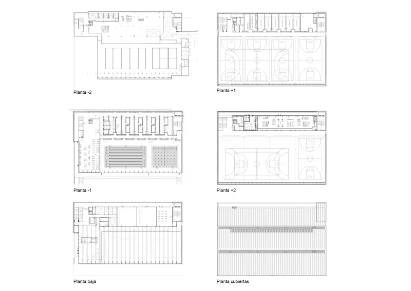 Floor plan drawings showing six levels with sports courts and support spaces across multiple floors