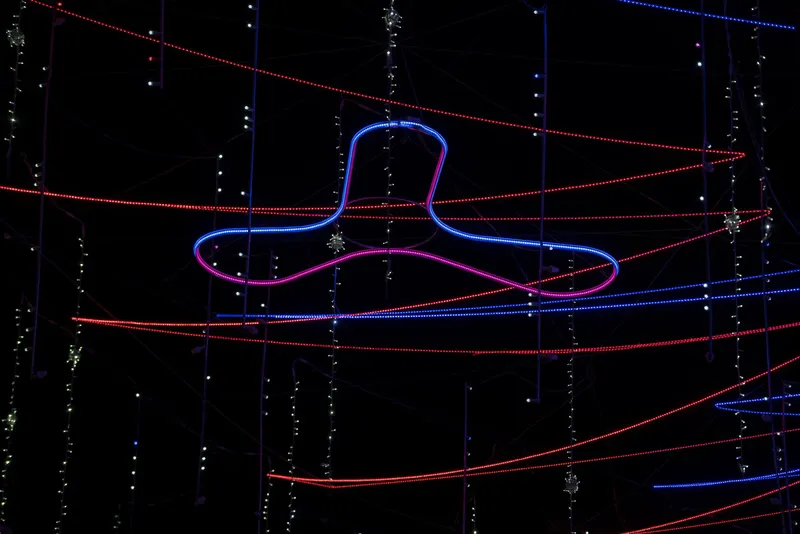 Three looped neon tubes in blue and magenta suspended among horizontal LED light strands at night