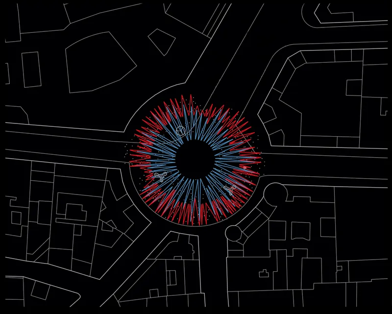 Site plan drawing showing radial light installation within a circular plaza surrounded by urban blocks and streets