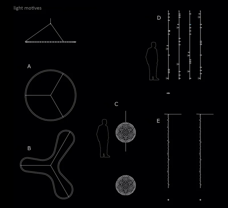 Technical diagram showing light element types including radial tubes, spherical pendants, and vertical strand assemblies with human scale figures