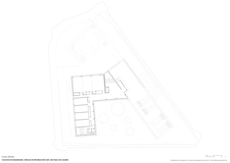 Third floor plan drawing showing two angled wings flanking a triangular courtyard space