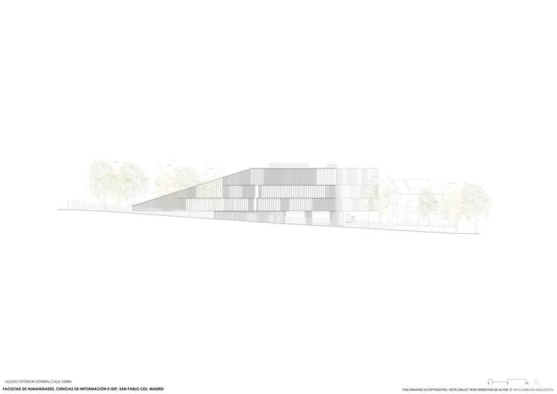 Elevation drawing showing low horizontal volumes with vertical louvered cladding and surrounding trees