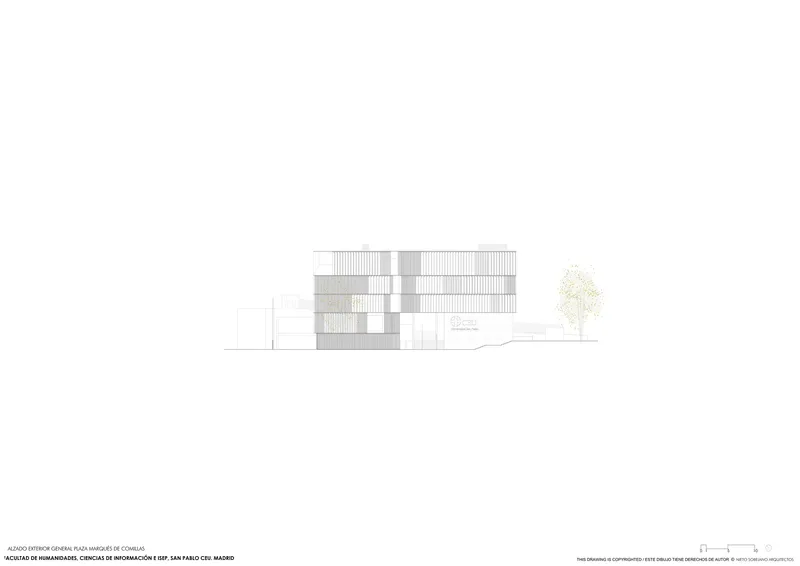 Elevation drawing showing a two-story rectilinear volume with layered louvered facade and single tree