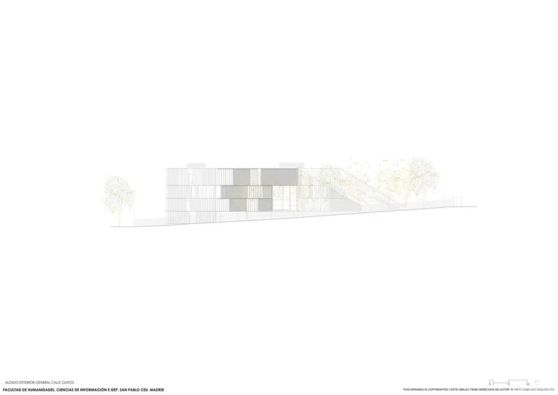 Elevation drawing showing horizontal volumes with louvered facade along a sloping grade with trees