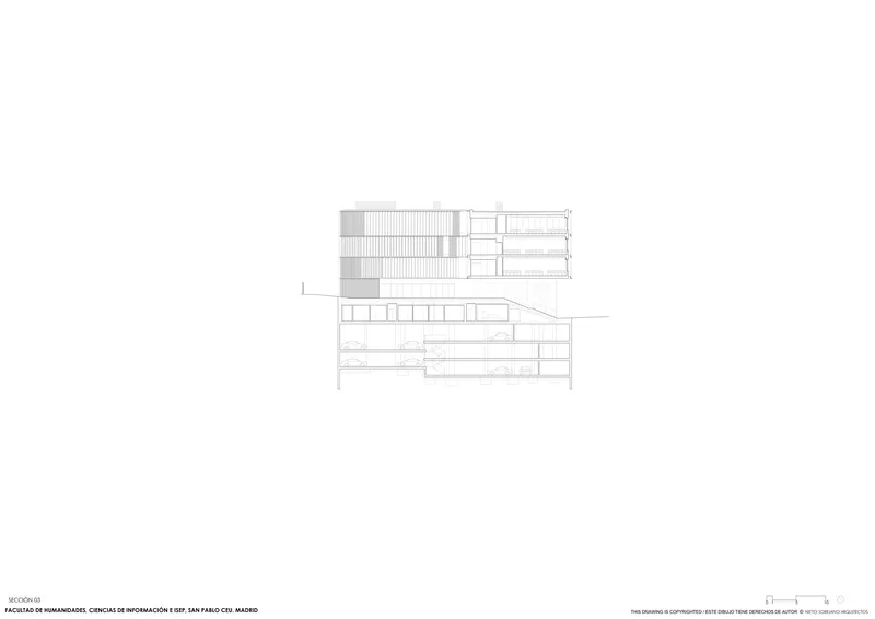 Section drawing showing a multi-story block with horizontal floor plates and a ramped lower volume