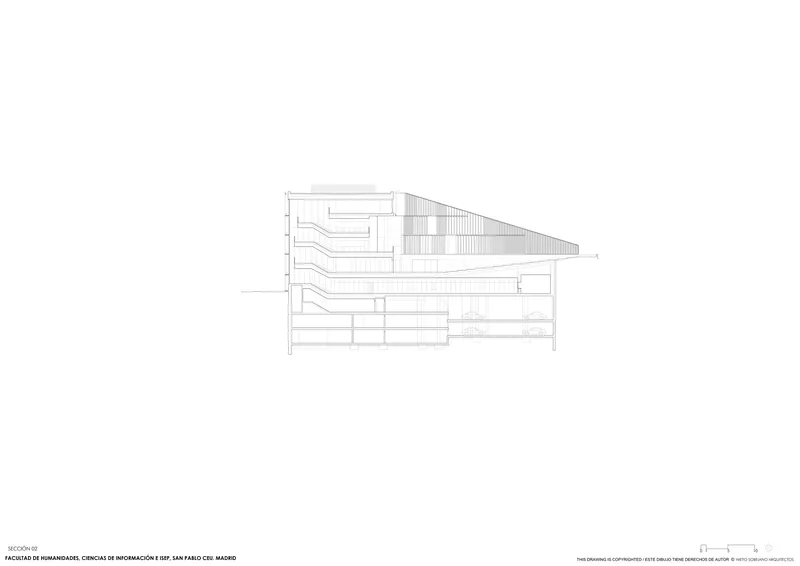 Section drawing revealing terraced interior levels beneath a sloped roof with vertical screening