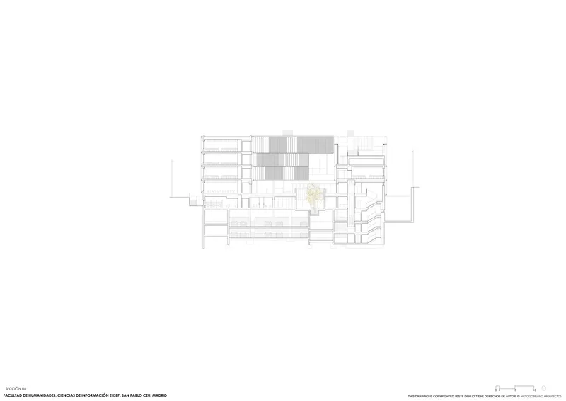 Section drawing displaying stacked floors with courtyards and a tree planted at the upper level