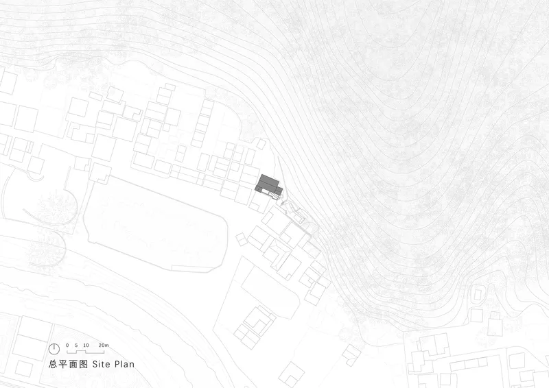 Site plan drawing showing a building nestled among neighboring structures and contoured hillside terrain