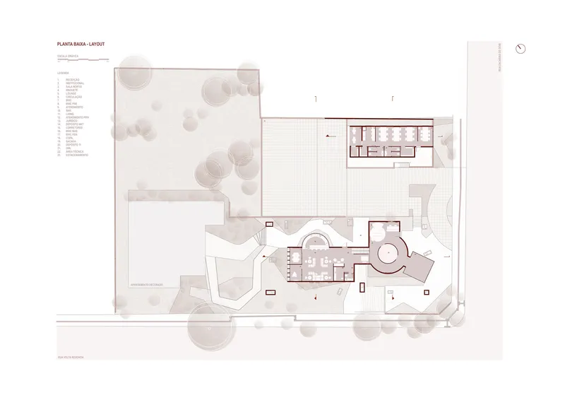 Upper floor plan drawing showing interior rooms arranged around a central circular volume
