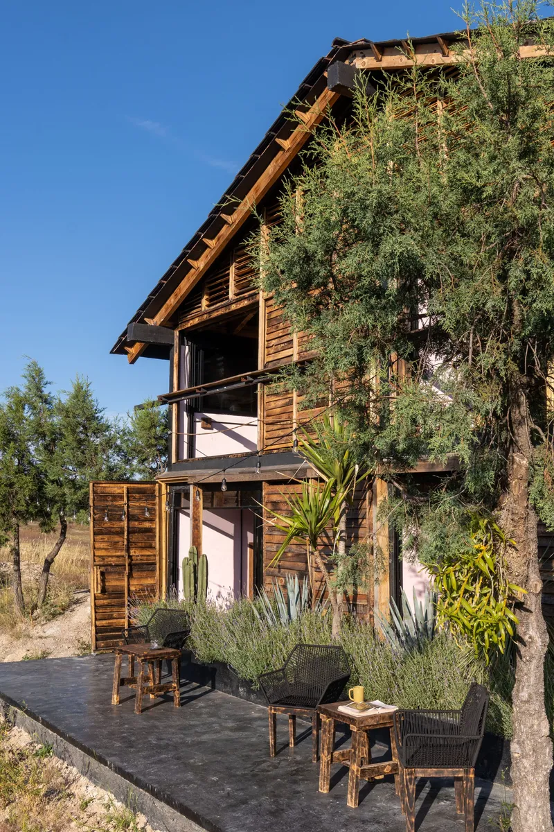 Three-storey timber facade with projecting balconies beside planted beds of agaves and native grasses at dusk