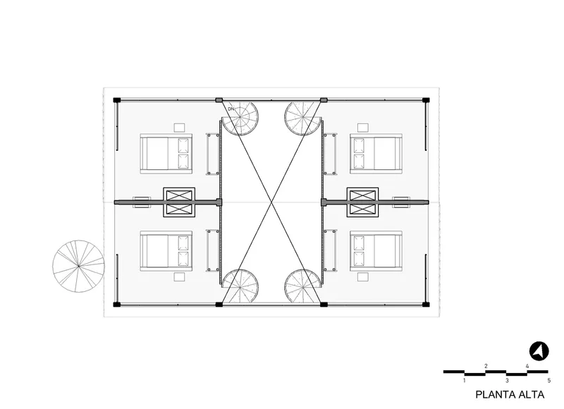 Upper floor plan drawing showing four rooms at corners with diagonal circulation lines and spiral stairs