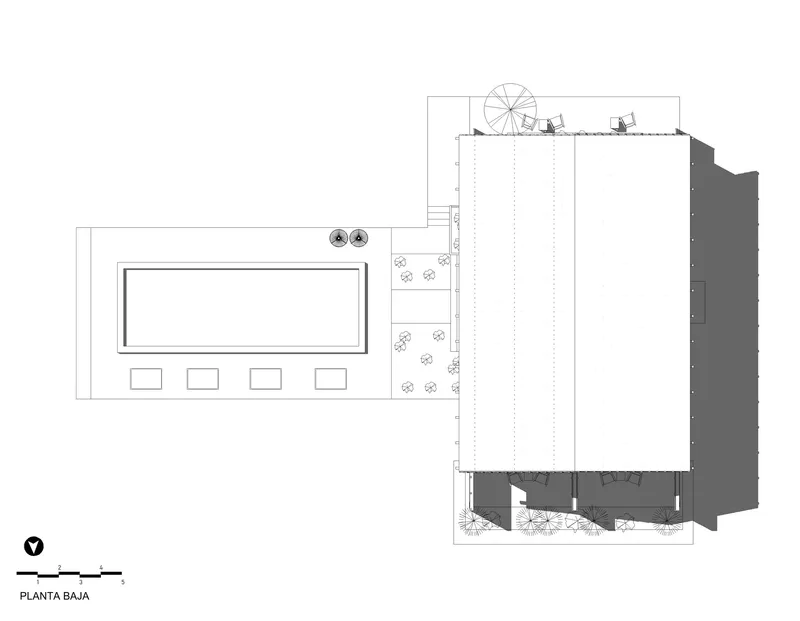 Site plan drawing showing the main volume with attached pool structure and planted buffer zone