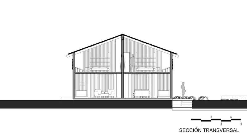 Transverse section drawing revealing a pitched roof sheltering two-story interior spaces with human figures for scale