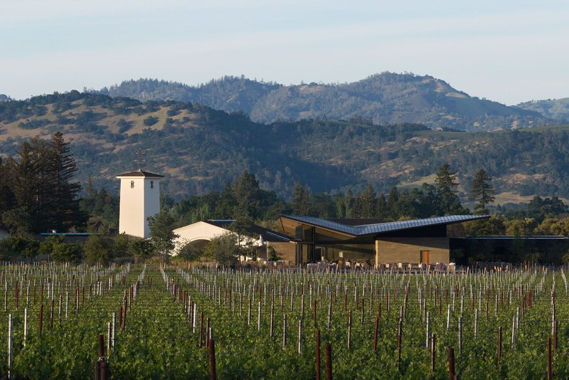 Bell tower and low-slung wings with sweeping metal rooflines seen from vineyard with forested hills beyond