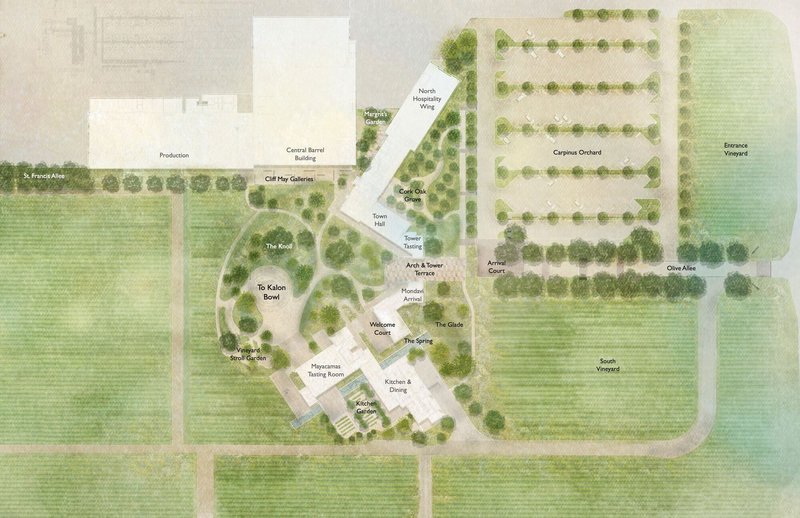 Site plan drawing showing vineyard rows, orchards, and angled building clusters with labelled zones
