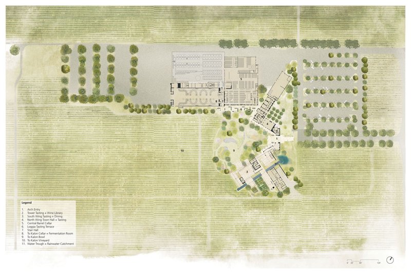 Site plan drawing showing three building wings amid orchards and agricultural fields
