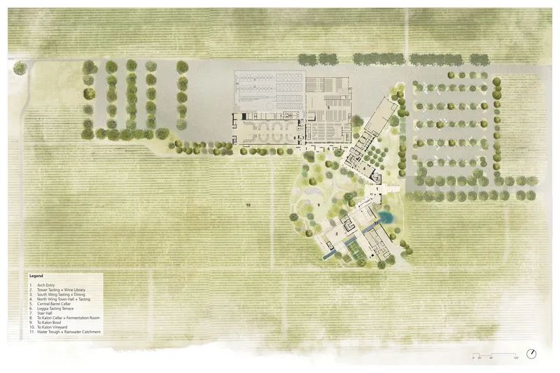 Site plan drawing showing three building wings amid orchards and agricultural fields