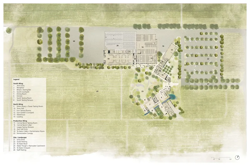 Site plan with numbered room key showing three wings surrounded by rows of trees