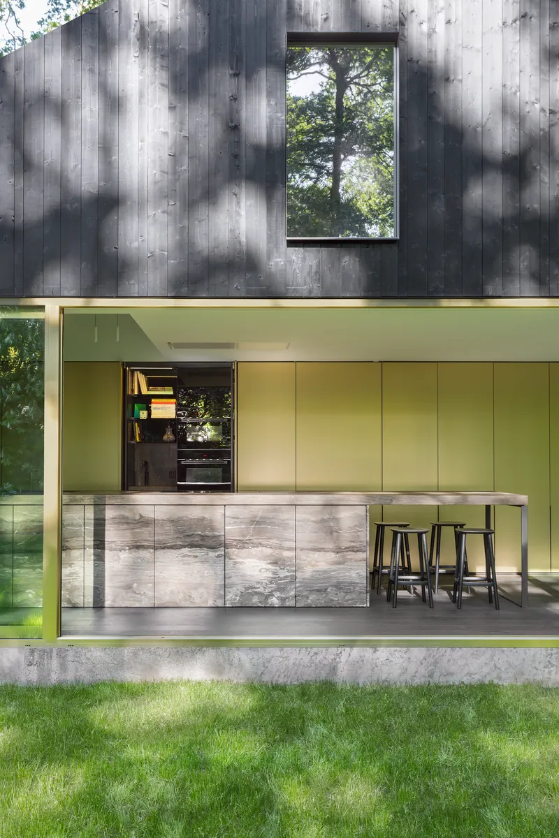 Exterior view showing charred timber upper volume above brass-paneled glazed pavilion and lawn