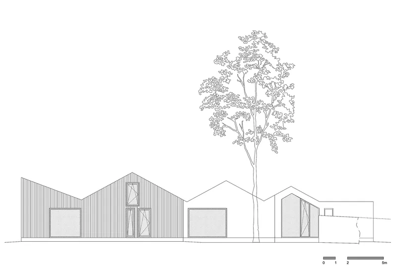 Elevation drawing showing gabled volumes of varying heights with vertical cladding and a single tree