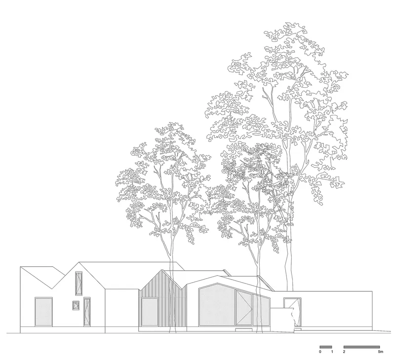Elevation drawing depicting interconnected gabled forms with tall trees rising above the roofline