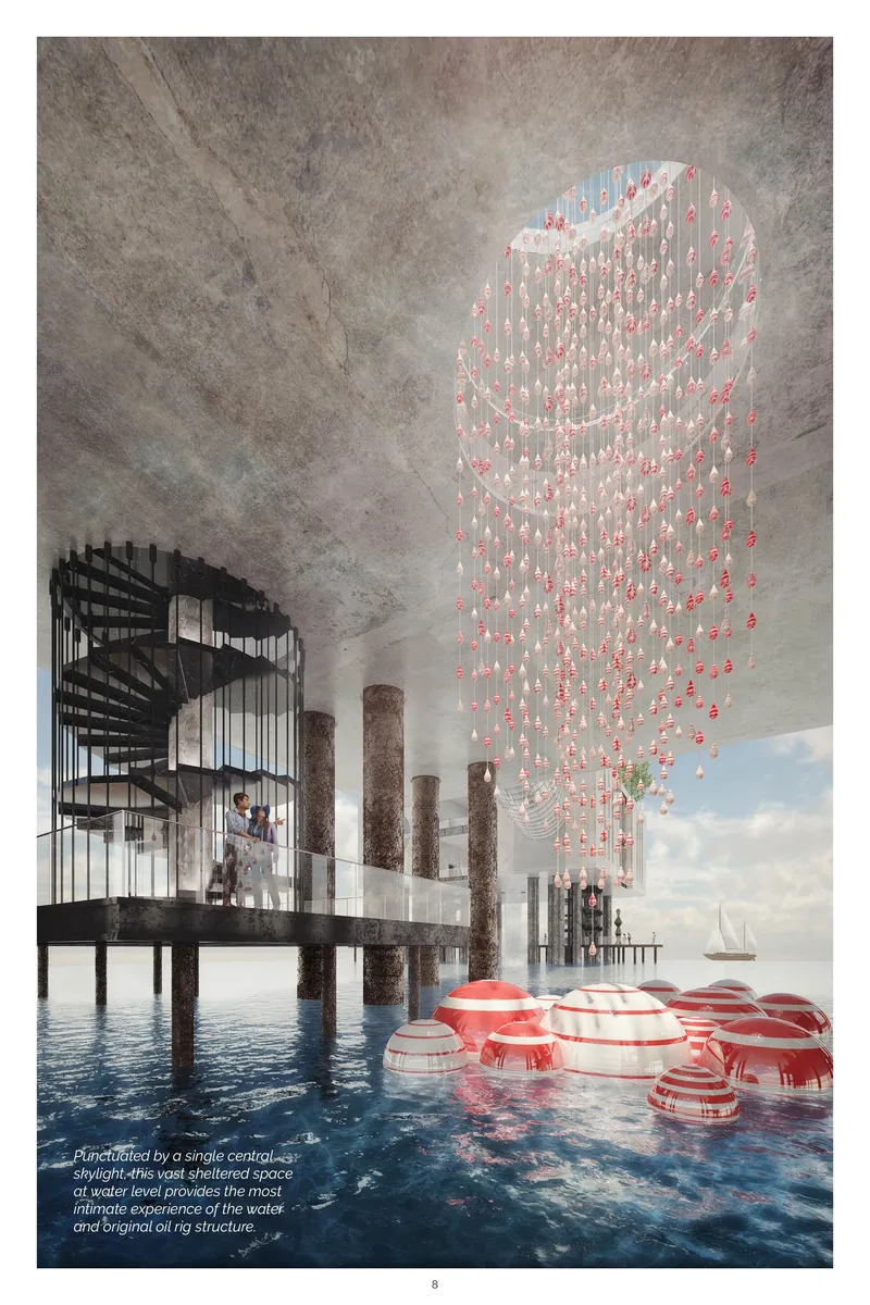 A sheltered water-level gallery creates an intimate encounter between visitors, art installations, and the surrounding ocean.