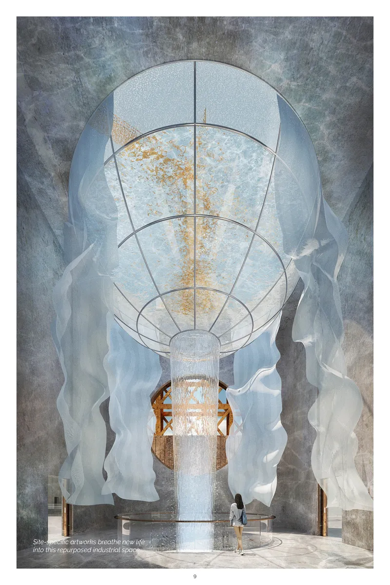 An inverted glass dome captures rainwater, transforming it into a dramatic cascading fountain at the heart of the museum.