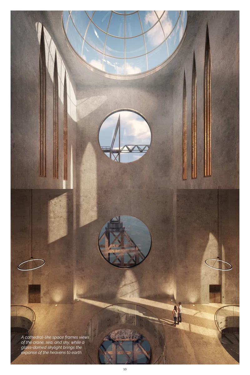 Cathedral-like interiors frame views of the sea, industrial heritage, and the ever-changing coastal sky.