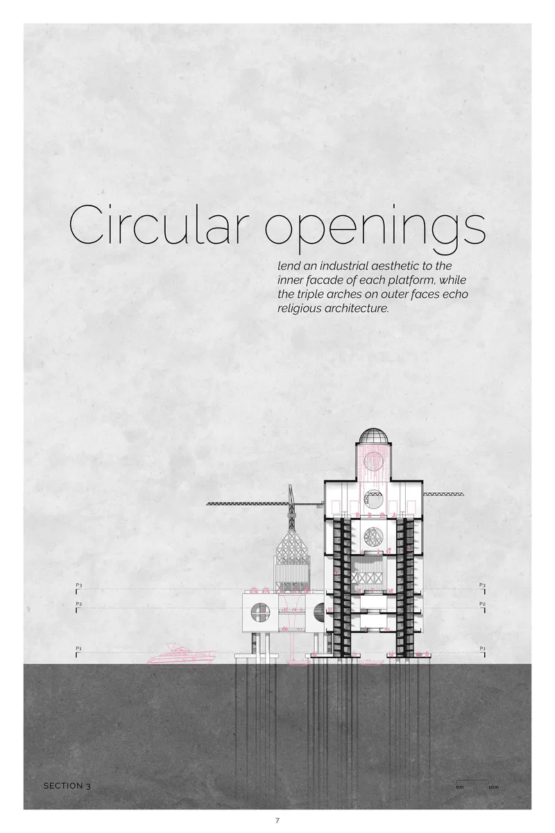 Circular openings and soaring arches merge maritime industrial aesthetics with the symbolism of sacred architecture.