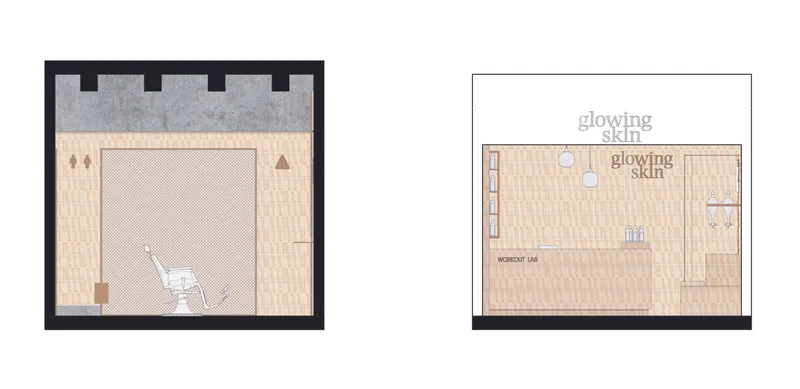 Two floor plan drawings showing room layouts with tiled areas and equipment placement