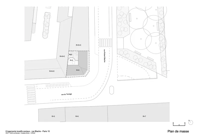 Site plan drawing showing building footprints between a street and a park with circular tree canopies