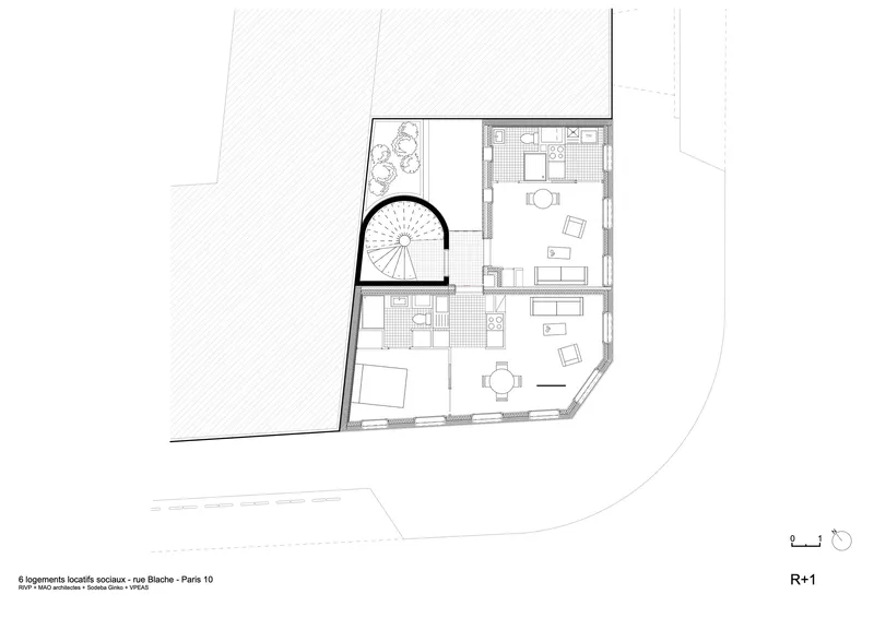 First floor plan drawing showing living spaces with spiral stair and rooftop terrace with plantings