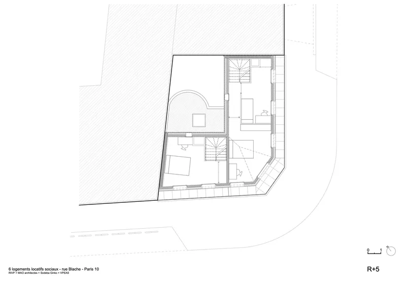 Fifth floor plan drawing showing two bedrooms with curved balcony and central stair connection