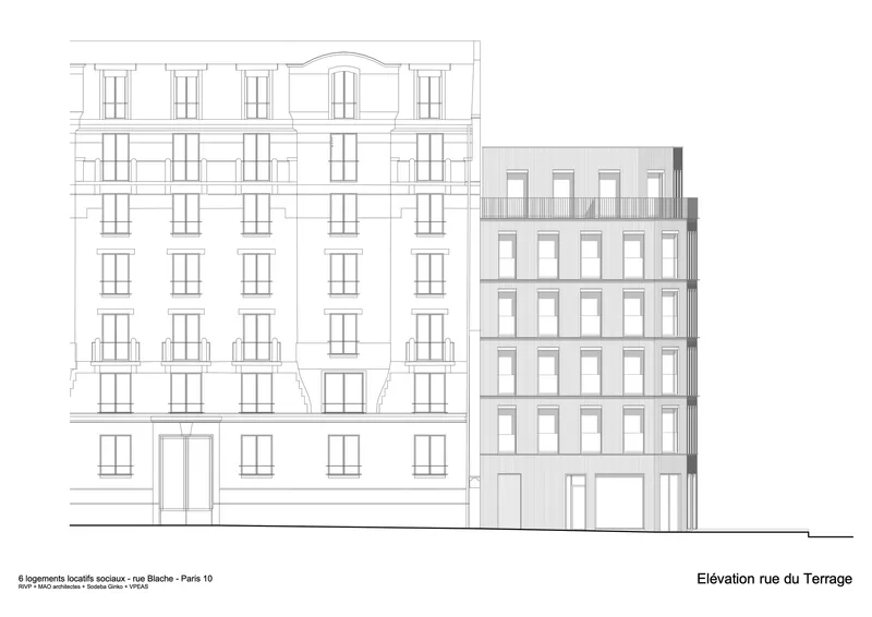 Elevation drawing showing a classical facade adjoining a contemporary six-storey volume with regular fenestration