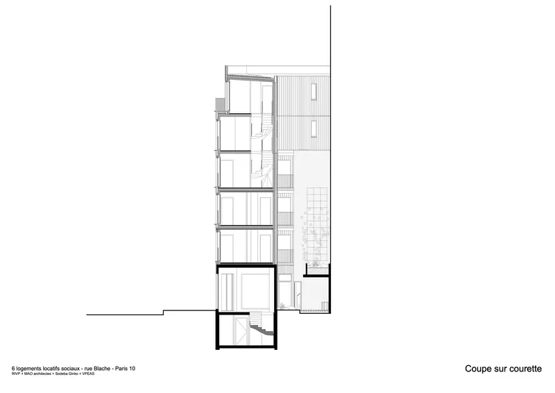 Section drawing through the building showing the staircase, floor slabs and a basement level below grade
