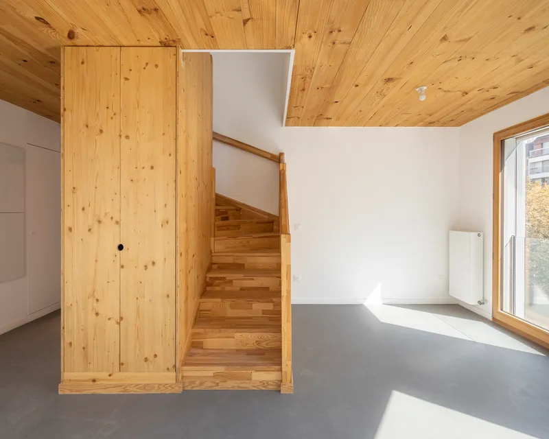 Timber staircase wrapped with wooden wall panels beside a grey floor and pine ceiling
