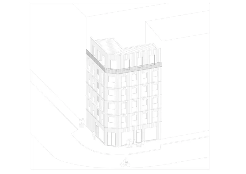 Axonometric line drawing of a six-storey building with a rooftop terrace situated at a street corner