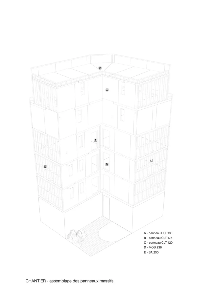 Exploded axonometric drawing showing the assembly of facade panels and structural components across multiple floors