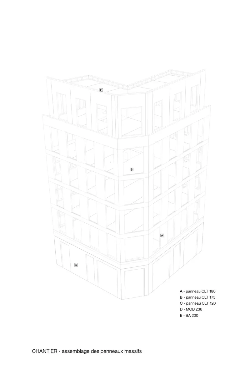 Axonometric drawing illustrating the layered facade system with panel modules labeled at different floor levels