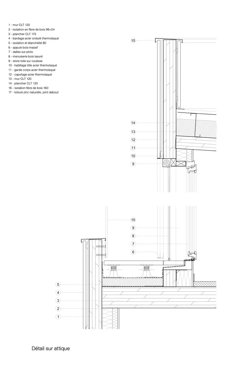 Detail section drawing showing timber cladding system connection to attic roof structure with numbered component callouts