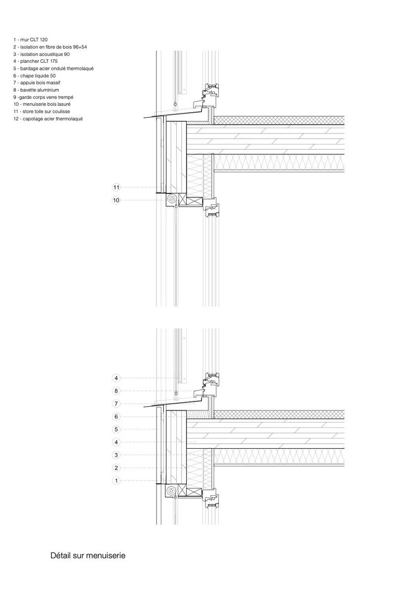 Detail section drawing showing timber frame window jamb connection to floor slab with insulation and finishing layers
