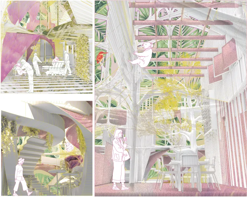 Interior spaces inspired by branching ecosystems, creating restorative environments for humans, wildlife, and nature together.