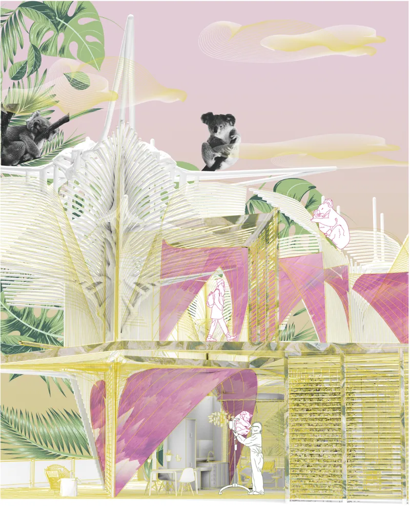 Immersive wildlife architecture integrating rehabilitation spaces within a lightweight forest-inspired structural system.