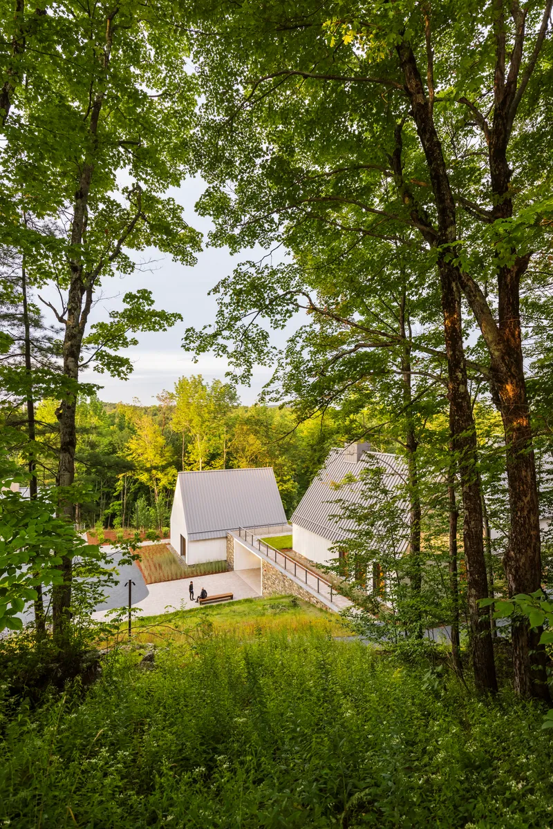 Hillside campus of gabled structures connected by timber walkways seen through dense summer trees