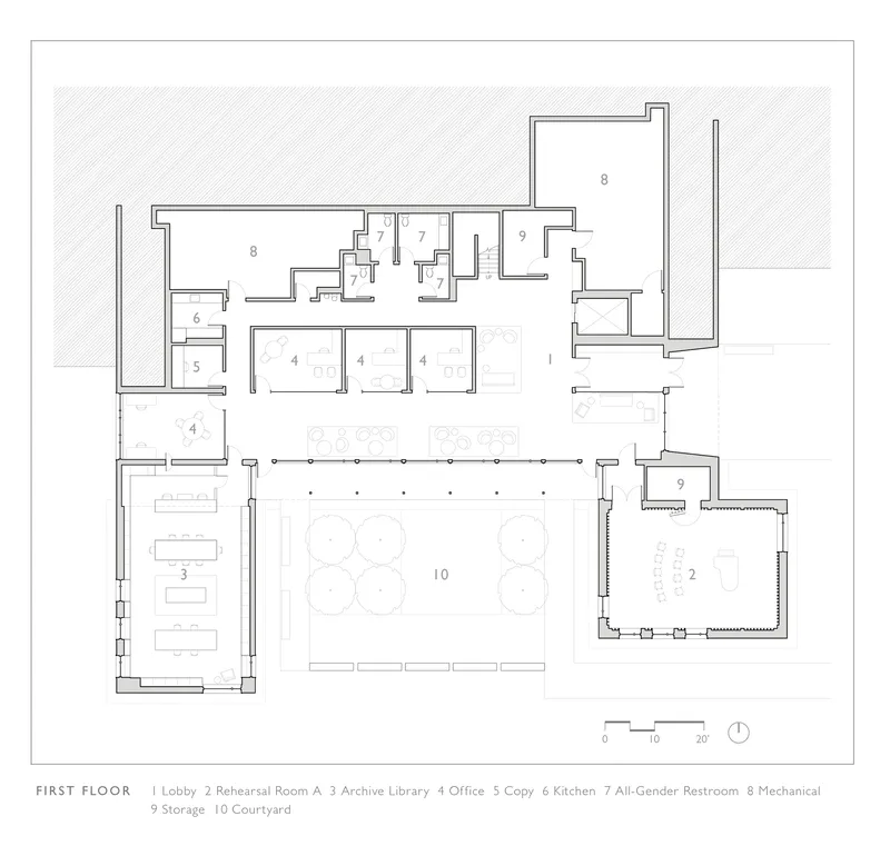 First floor plan drawing showing lobby, offices, archive library, courtyard and rehearsal rooms around central space