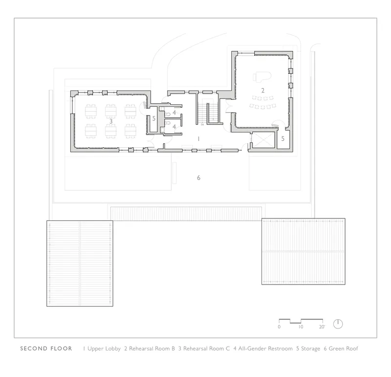 Second floor plan drawing showing upper lobby, two rehearsal rooms, and green roof adjacent to main volumes