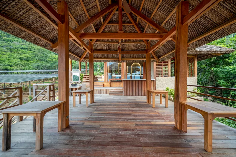 Open timber pavilion with thatched roof, exposed rafters and wooden benches on a raised deck